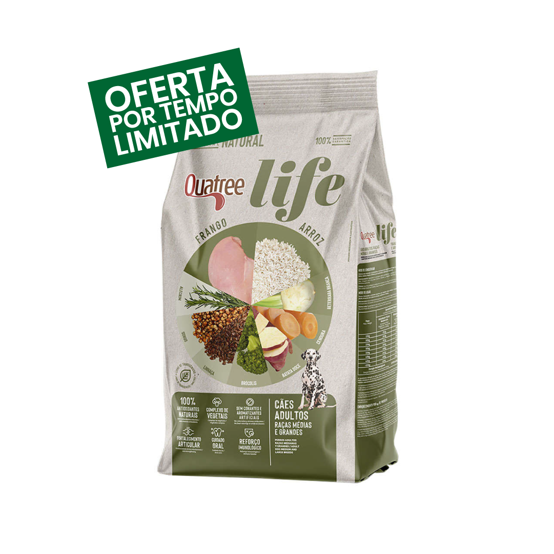 Quatree Life - Cães Adultos - Arroz e Frango - Porte Médio e Grande - 20KG